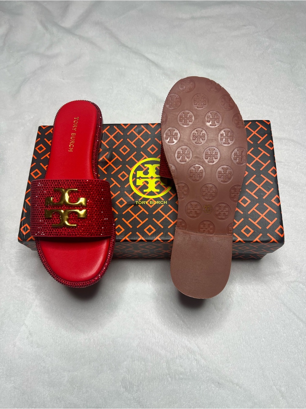 Tory Burch Red Crystal-Embellished Slide Sandals with Gold Logo